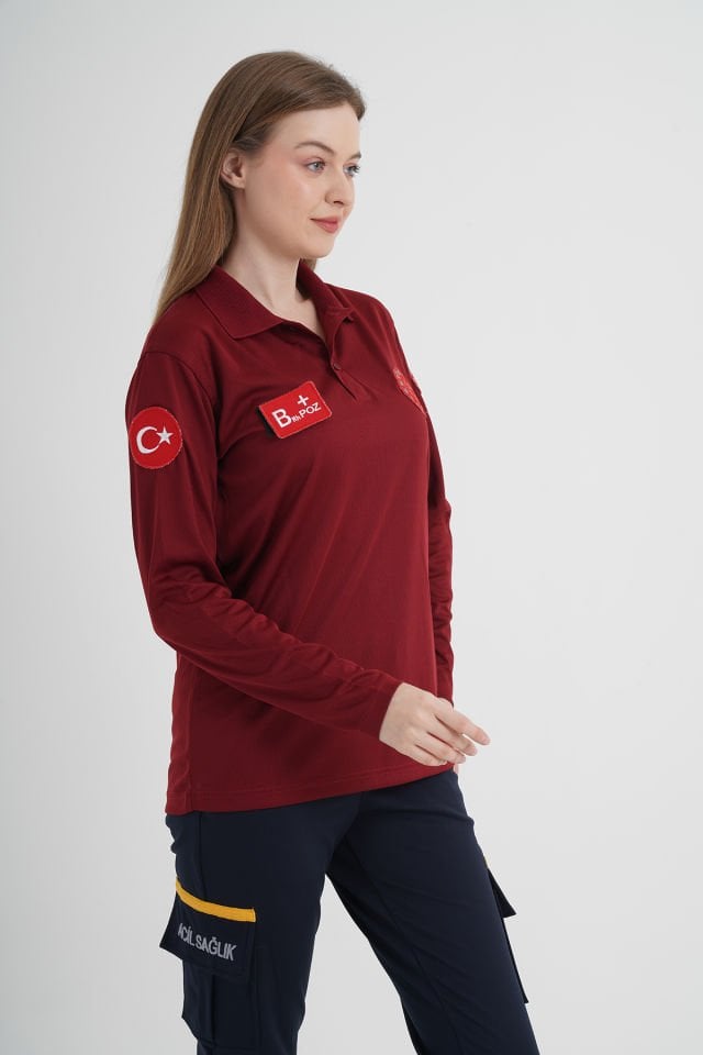 Yeni 112 Acil Sağlık Bordo Uzun Kollu Polo Yaka Comfort T-shirt (Unisex-Fileli)