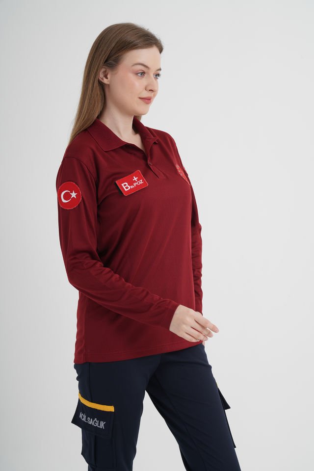 Yeni 112 Acil Sağlık Bordo Uzun Kollu Polo Yaka Comfort T-shirt (Unisex-Fileli)