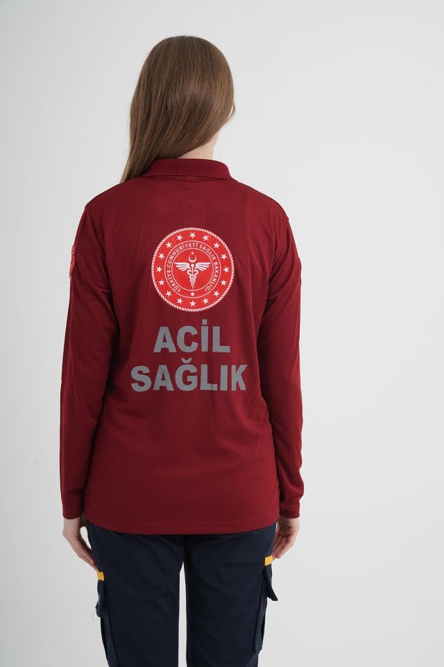 Yeni 112 Acil Sağlık Bordo Uzun Kollu Polo Yaka Comfort T-shirt (Unisex-Fileli)