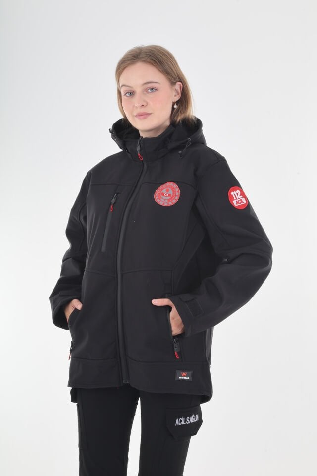 112 ÇAĞRI MERKEZİ Siyah Kapşonlu Mont (Unisex)