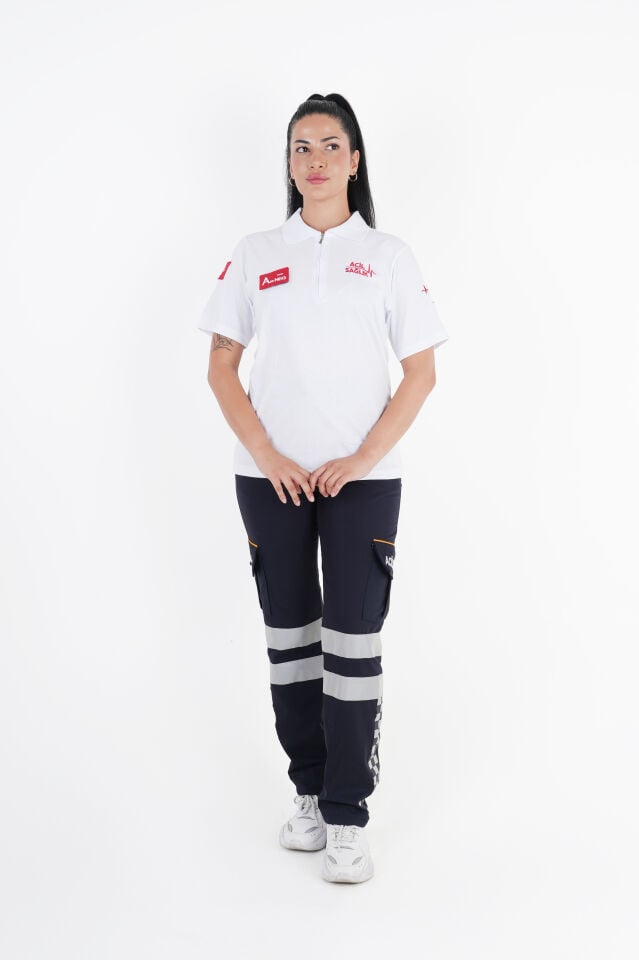 Ritimli Acil Sağlık Fermuarlı Beyaz Penye Kısa kol (Unisex)