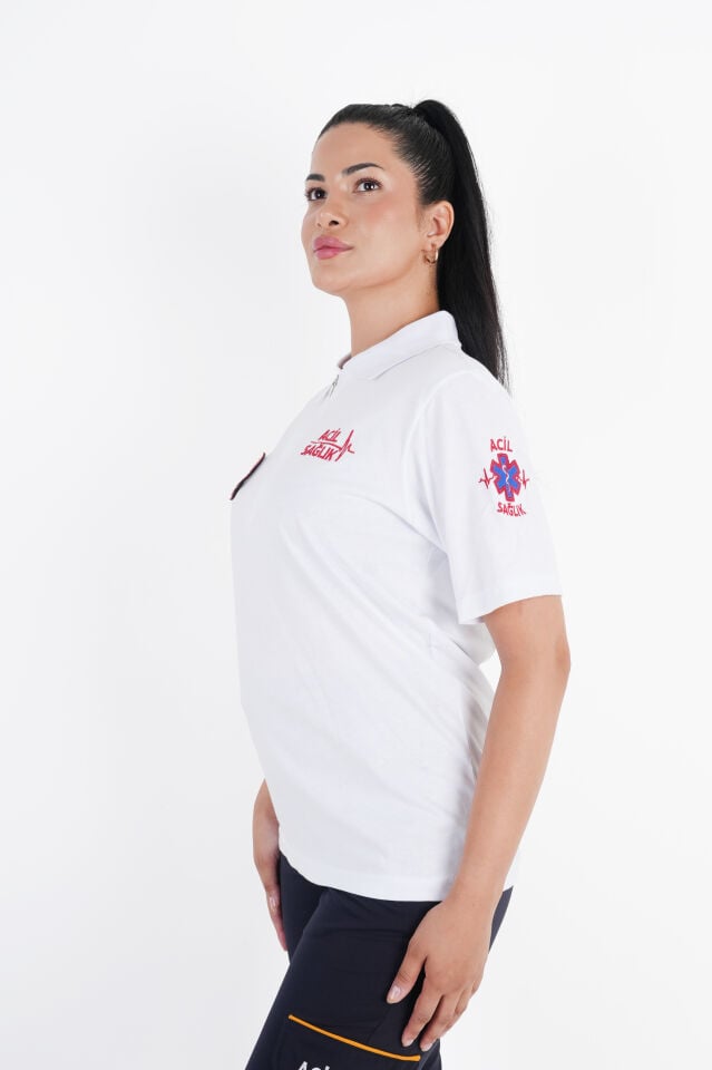 Ritimli Acil Sağlık Fermuarlı Beyaz Penye Kısa kol (Unisex)