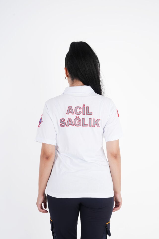 Ritimli Acil Sağlık Fermuarlı Beyaz Penye Kısa kol (Unisex)