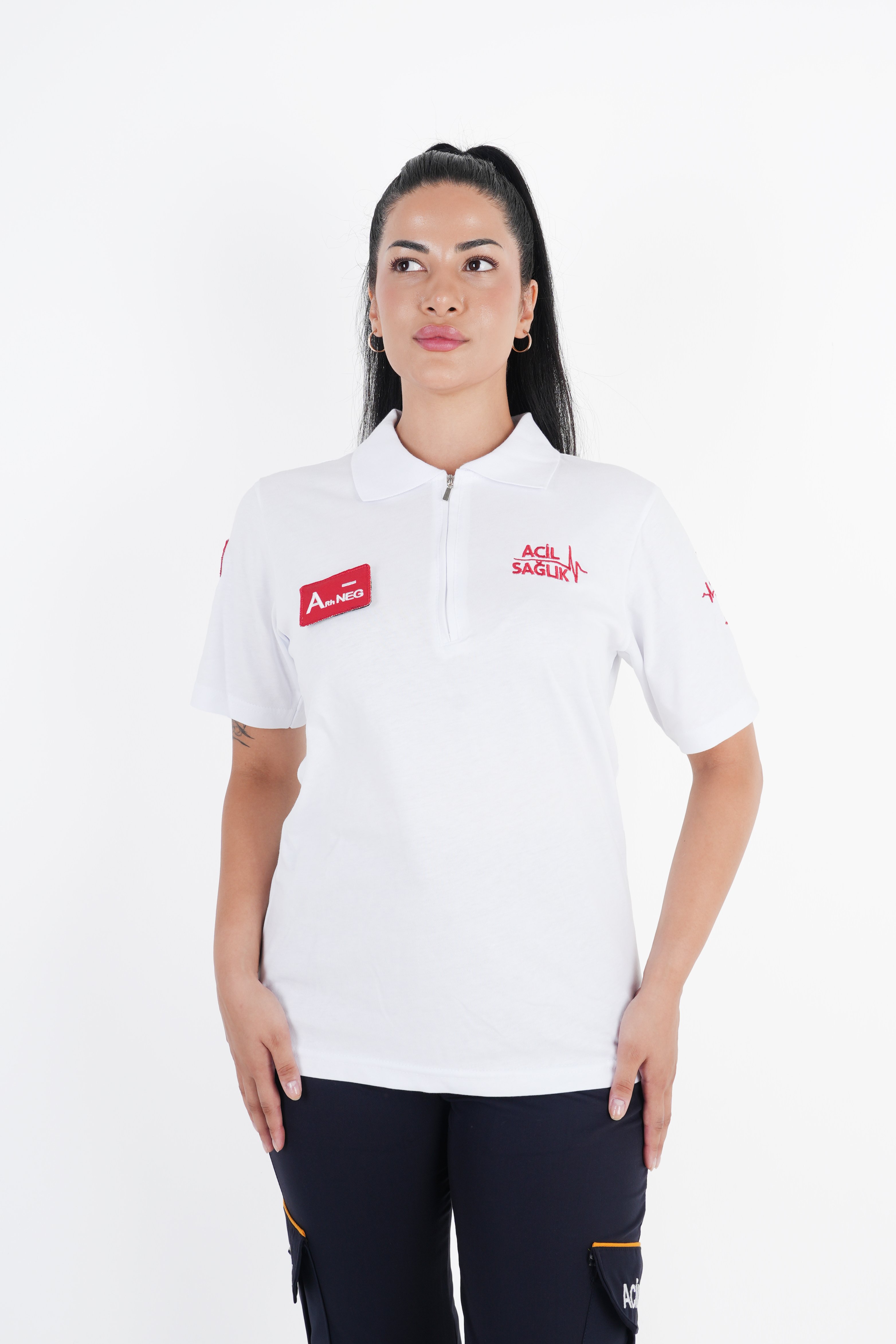 Ritimli Acil Sağlık Fermuarlı Beyaz Penye Kısa kol (Unisex)