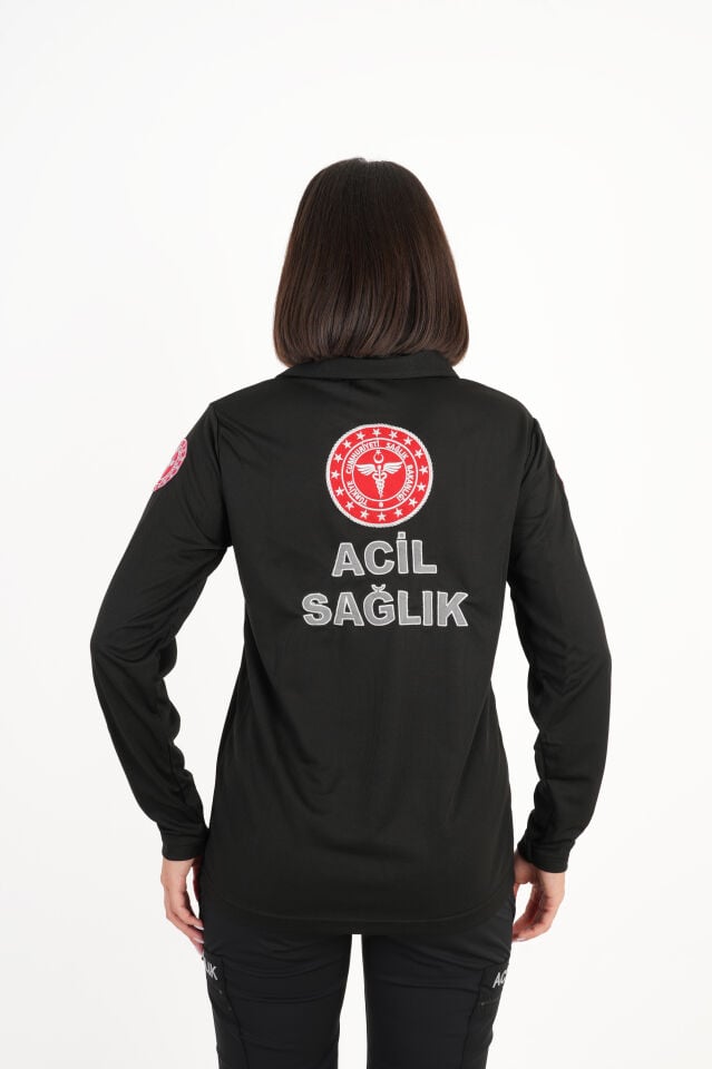 112 Acil Sağlık Siyah Uzun Kollu Polo Yaka Comfort T-shirt (Unisex-Fileli)