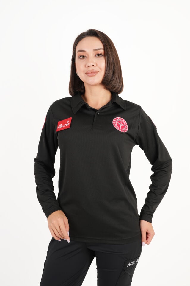 112 Acil Sağlık Siyah Uzun Kollu Polo Yaka Comfort T-shirt (Unisex-Fileli)