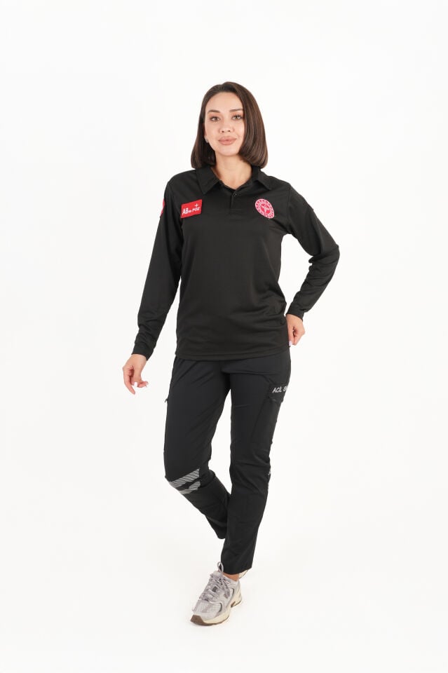 112 Acil Sağlık Siyah Uzun Kollu Polo Yaka Comfort T-shirt (Unisex-Fileli)