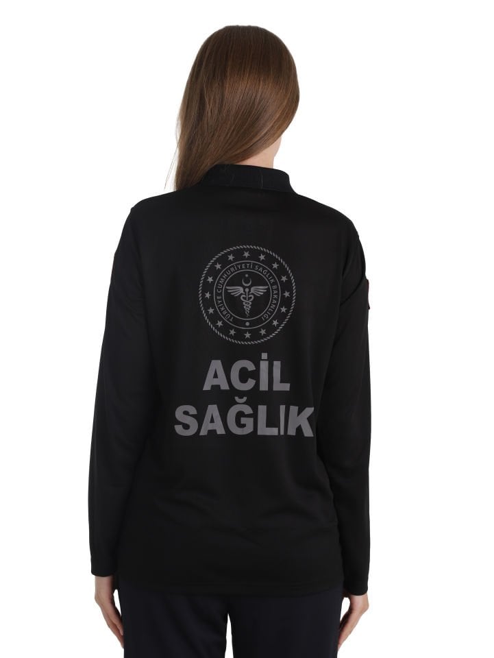 Yeni 112 Acil Sağlık Siyah Uzun Kollu Polo Yaka Comfort T-shirt (Unisex-Fileli)