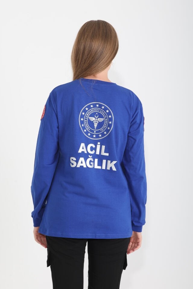 112 Acil Sağlık Sax Mavisi Penye Uzun Kollu T-shirt (Unisex)