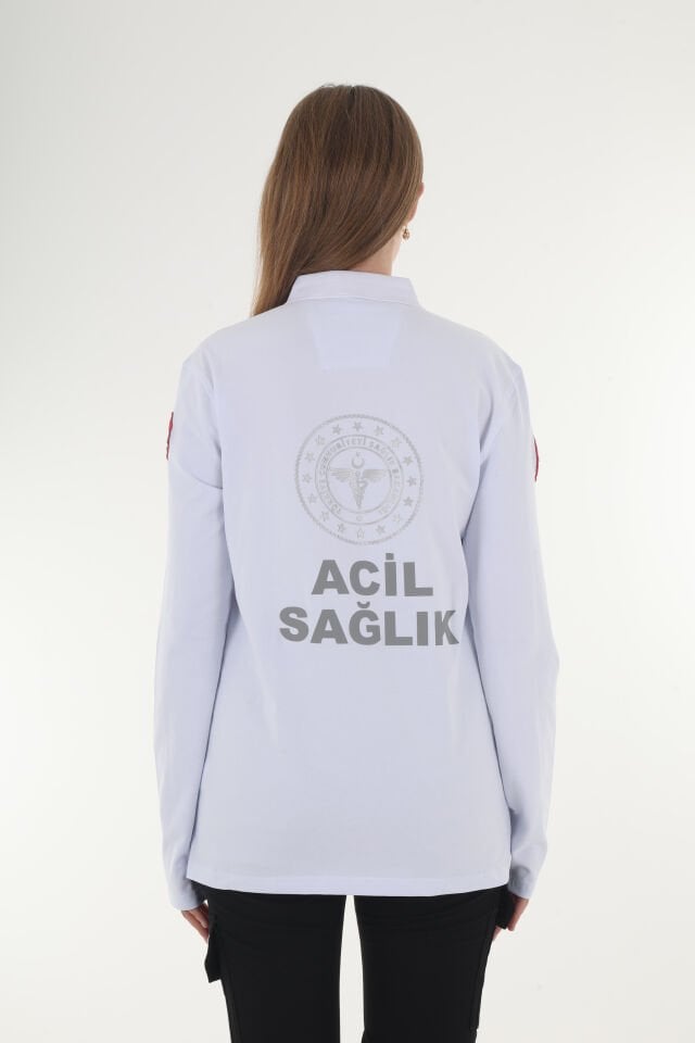 112 Acil Sağlık Polo Yaka Beyaz Penye Uzun Kol (Unisex)