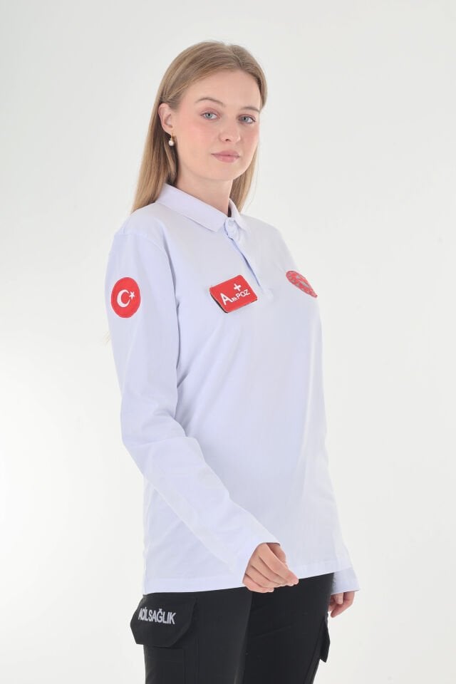 112 Acil Sağlık Polo Yaka Beyaz Penye Uzun Kol (Unisex)