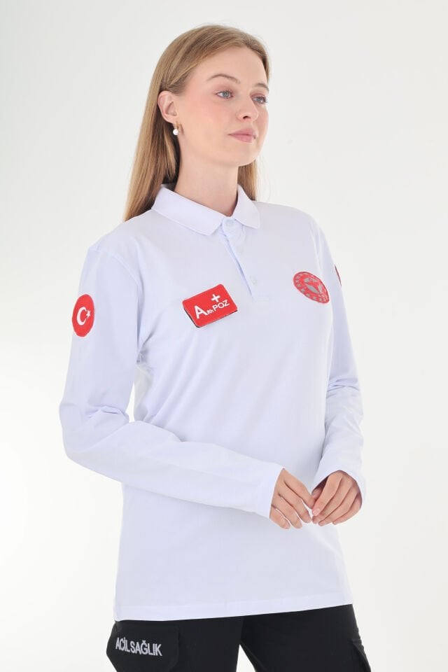 112 Acil Sağlık Polo Yaka Beyaz Penye Uzun Kol (Unisex)