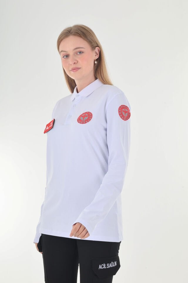 112 Acil Sağlık Polo Yaka Beyaz Penye Uzun Kol (Unisex)