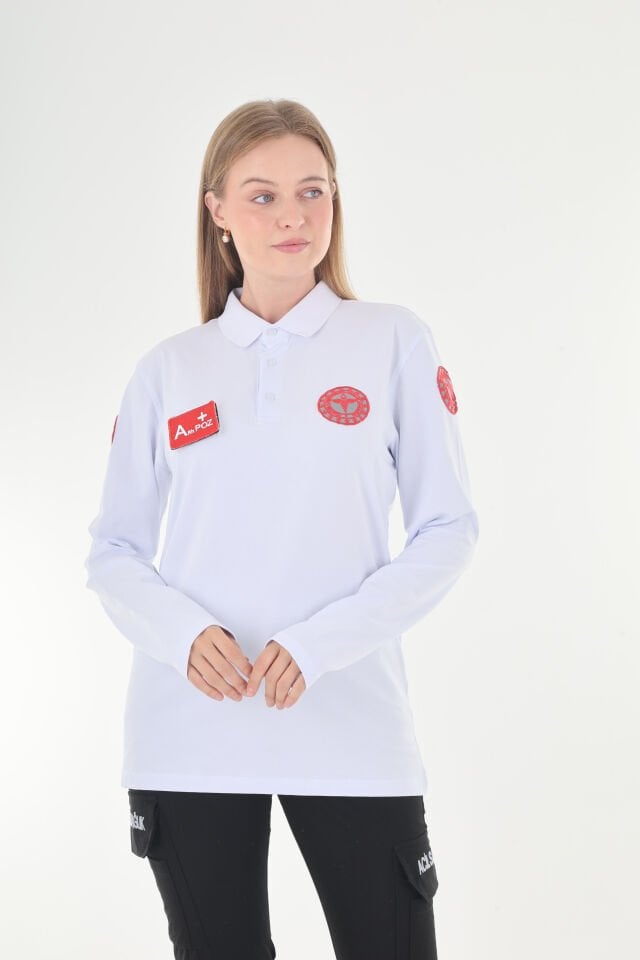 112 Acil Sağlık Polo Yaka Beyaz Penye Uzun Kol (Unisex)