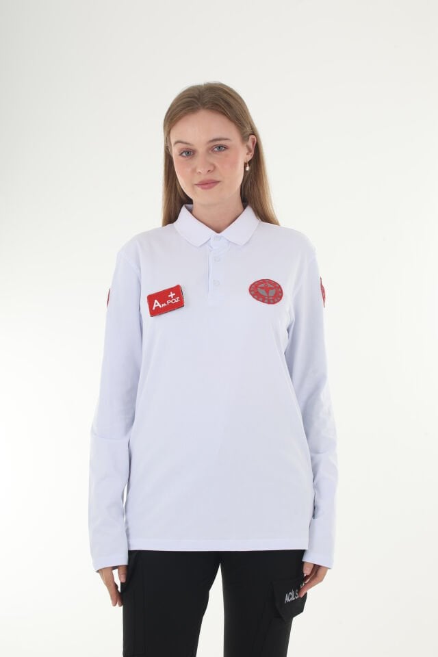 112 Acil Sağlık Polo Yaka Beyaz Penye Uzun Kol (Unisex)