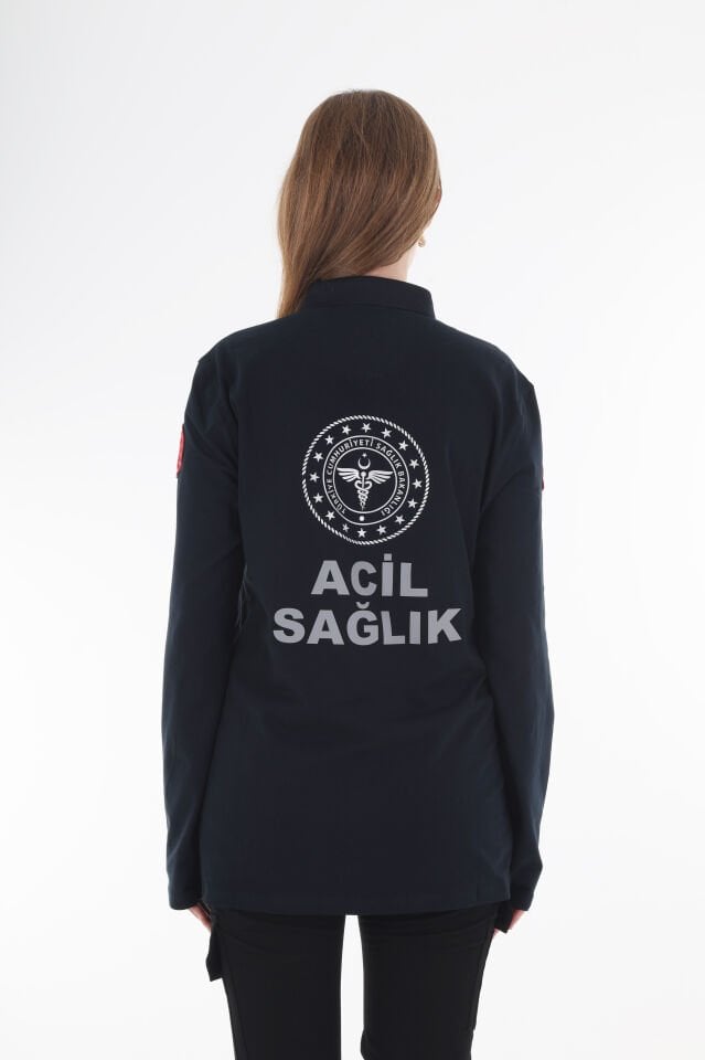 112 Acil Sağlık Lacivert Polo Yaka Penye Uzun Kol T-shirt (Unisex)