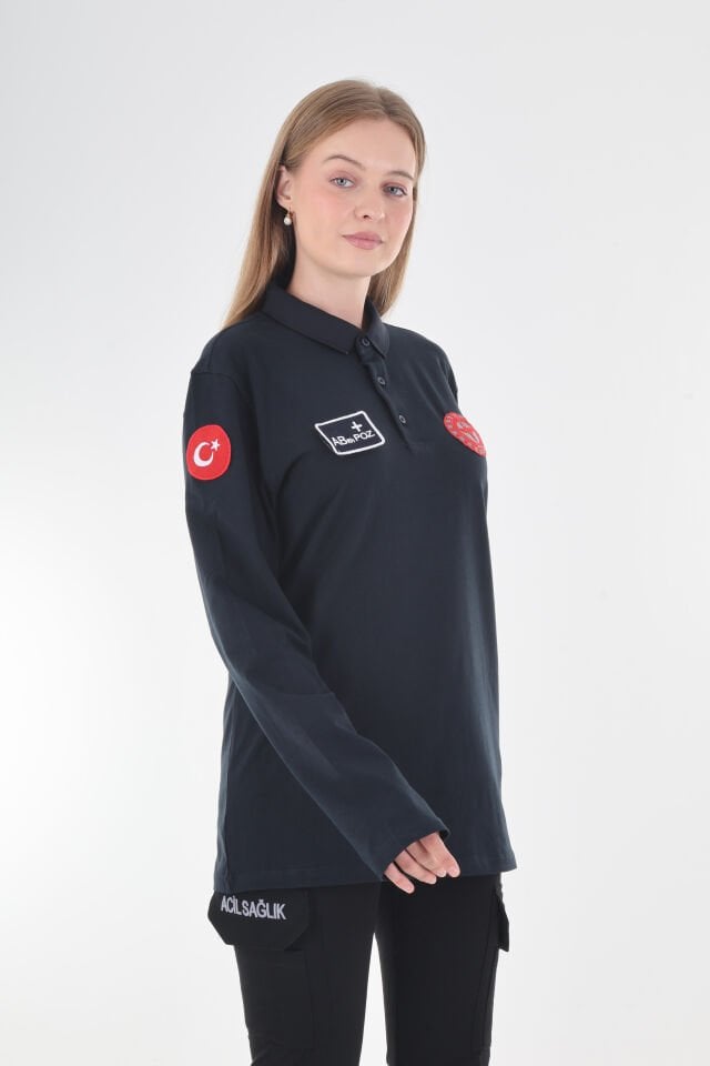 112 Acil Sağlık Lacivert Polo Yaka Penye Uzun Kol T-shirt (Unisex)