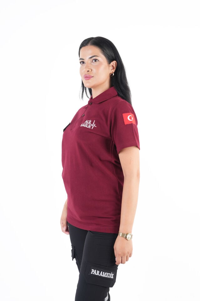 Ritimli Acil Sağlık Bordo Lacost Kısa Kol T-shirt (Unisex)