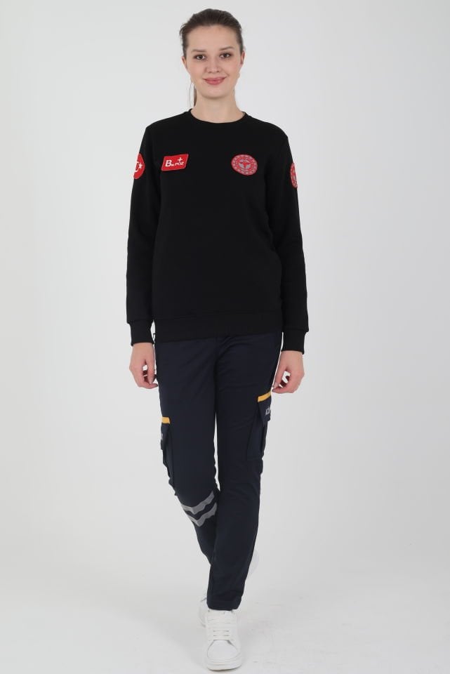 Yeni 112 Acil Sağlık Sıfır Yaka Siyah Swit (Unisex-3 iplik kumaş)