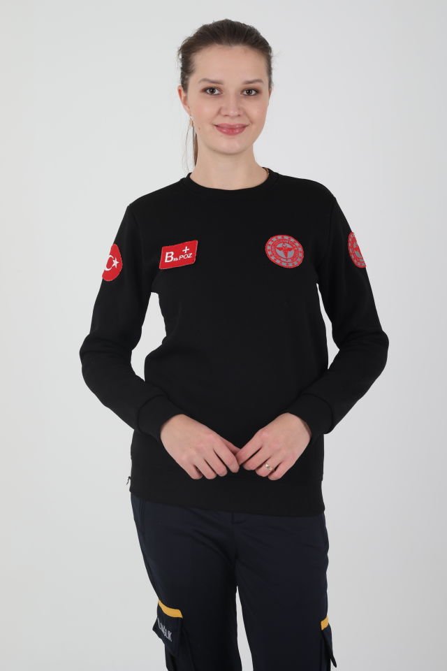 Yeni 112 Acil Sağlık Sıfır Yaka Siyah Swit (Unisex-3 iplik kumaş)