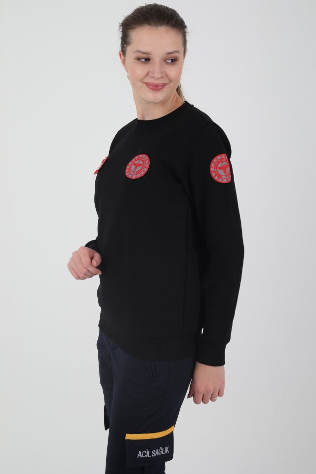 Yeni 112 Acil Sağlık Sıfır Yaka Siyah Swit (Unisex-3 iplik kumaş)