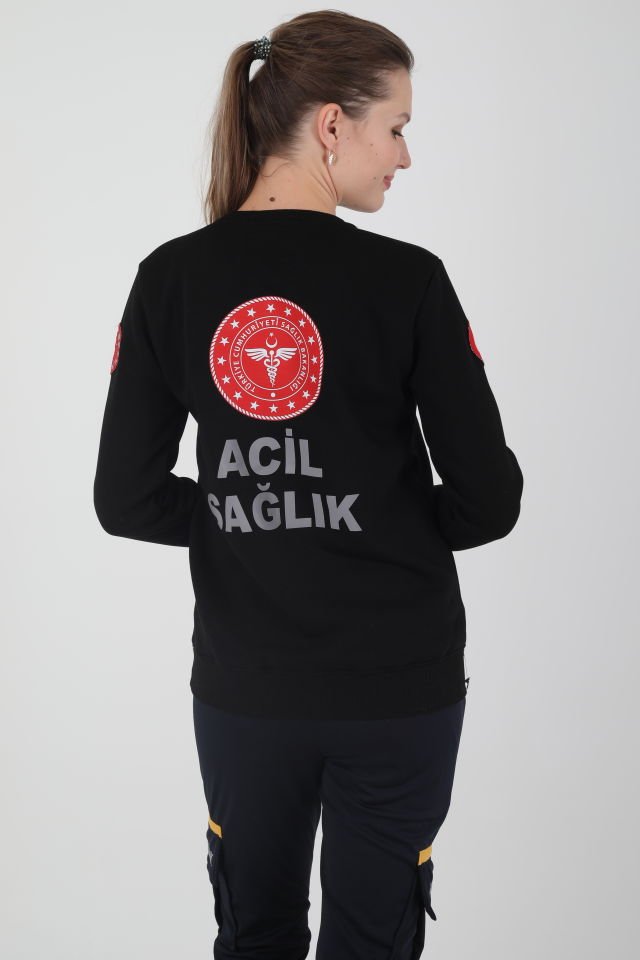 Yeni 112 Acil Sağlık Sıfır Yaka Siyah Swit (Unisex-3 iplik kumaş)