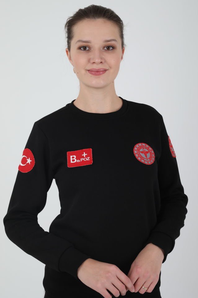 Yeni 112 Acil Sağlık Sıfır Yaka Siyah Swit (Unisex-3 iplik kumaş)