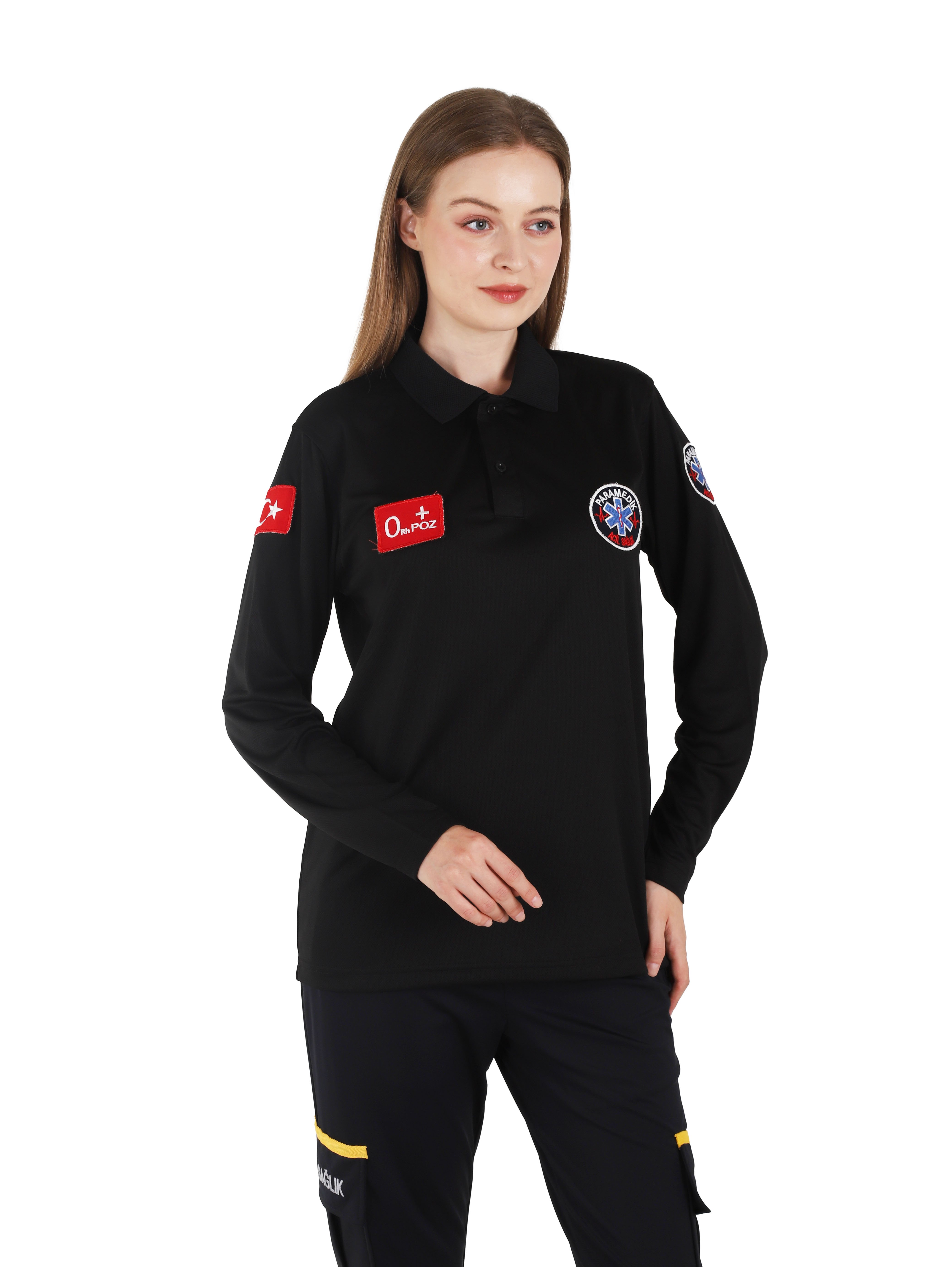 Yeni Paramedik Siyah Uzun Kollu Polo Yaka Comfort T-shirt (Unisex-Fileli)