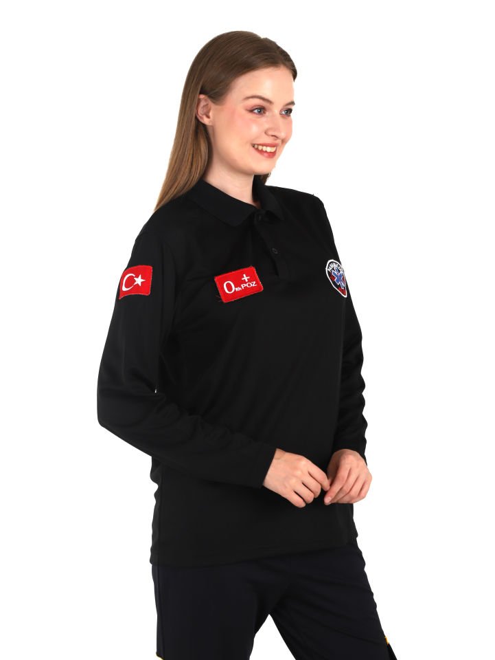 Yeni Paramedik Siyah Uzun Kollu Polo Yaka Comfort T-shirt (Unisex-Fileli)