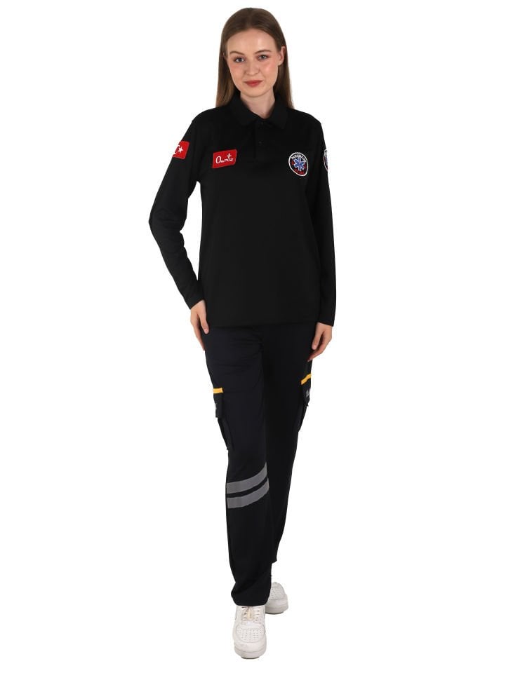 Yeni Paramedik Siyah Uzun Kollu Polo Yaka Comfort T-shirt (Unisex-Fileli)