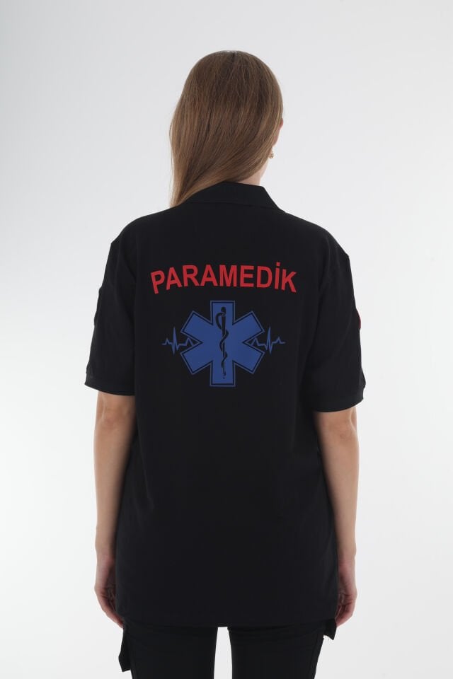 Paramedik Siyah Fermuarlı Penye T-shirt (Unisex)