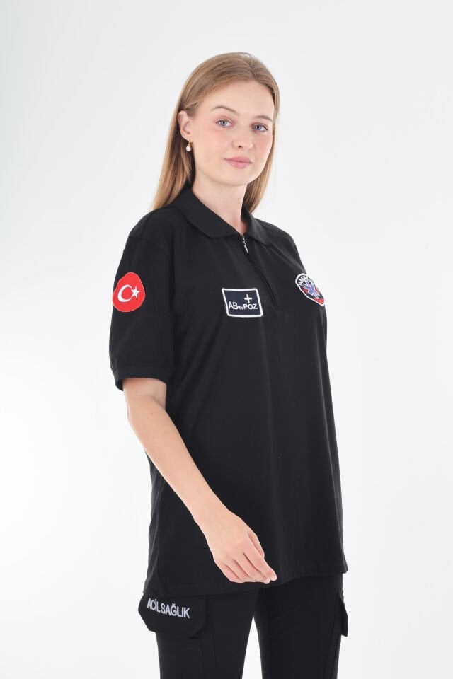 Paramedik Siyah Fermuarlı Penye T-shirt (Unisex)