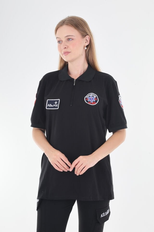 Paramedik Siyah Fermuarlı Penye T-shirt (Unisex)