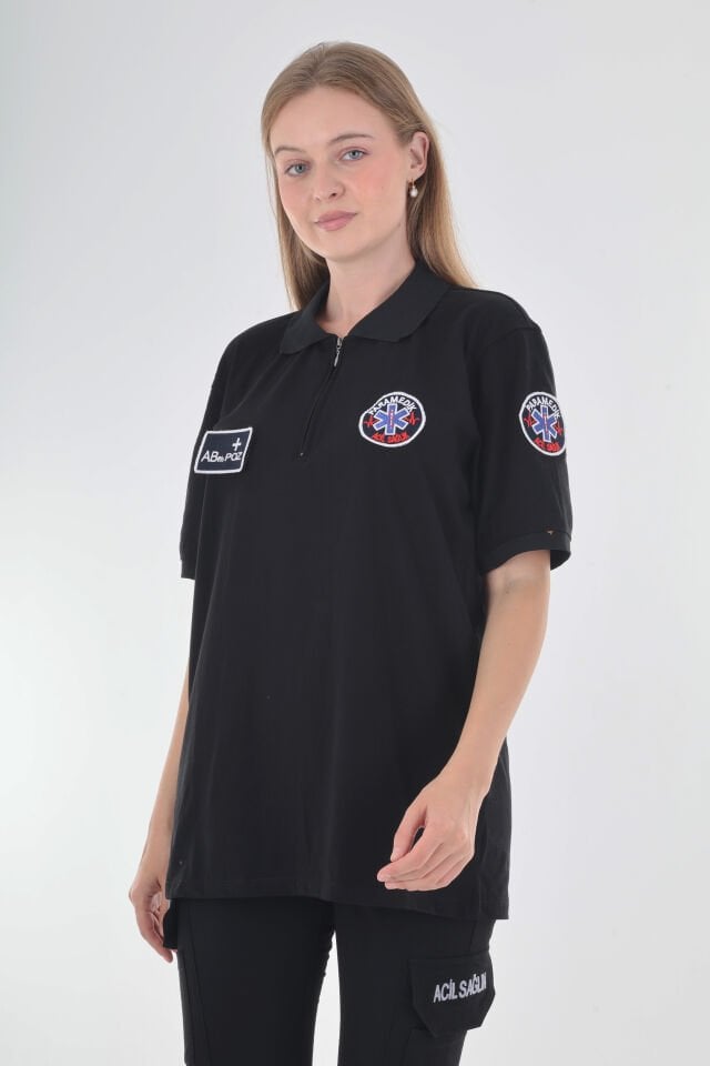 Paramedik Siyah Fermuarlı Penye T-shirt (Unisex)
