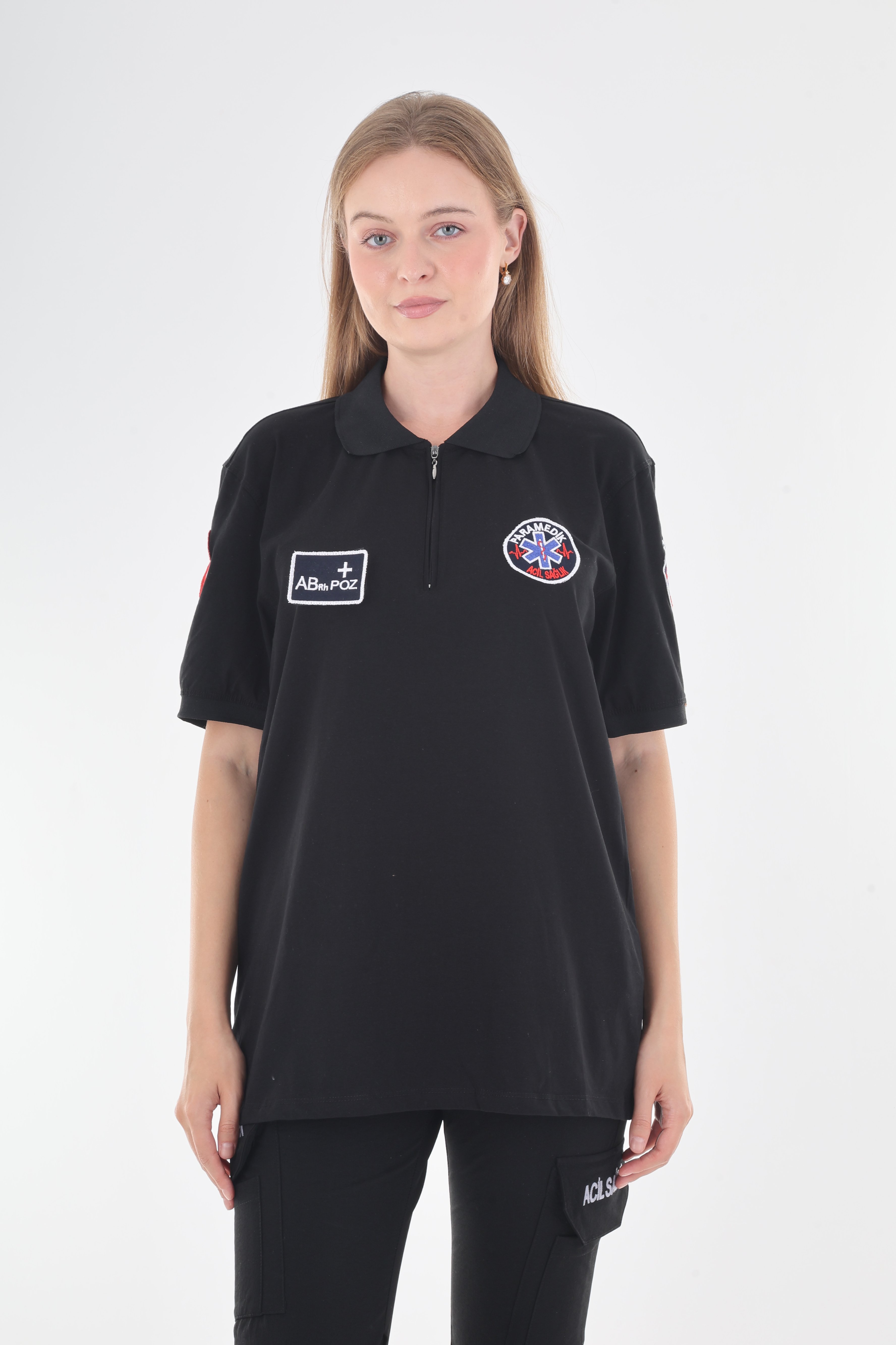 Paramedik Siyah Fermuarlı Penye T-shirt (Unisex)