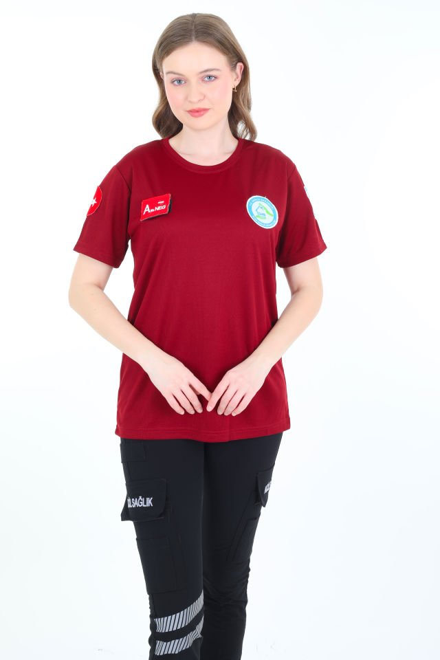 Evde Sağlık Bordo Sıfır Yaka Comfort T-shirt (Unisex-Fileli)