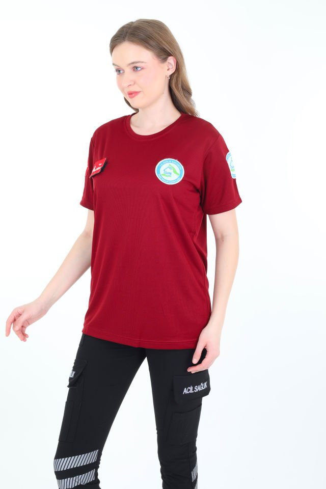 Evde Sağlık Bordo Sıfır Yaka Comfort T-shirt (Unisex-Fileli)