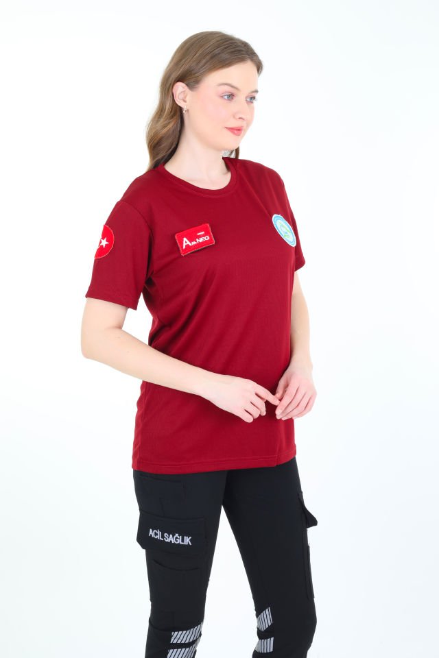 Evde Sağlık Bordo Sıfır Yaka Comfort T-shirt (Unisex-Fileli)