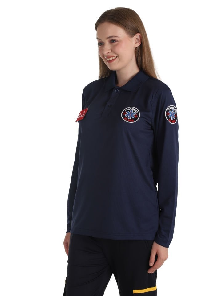 Yeni Paramedik Lacivert Uzun Kollu Polo Yaka Comfort T-shirt (Unisex-Fileli)