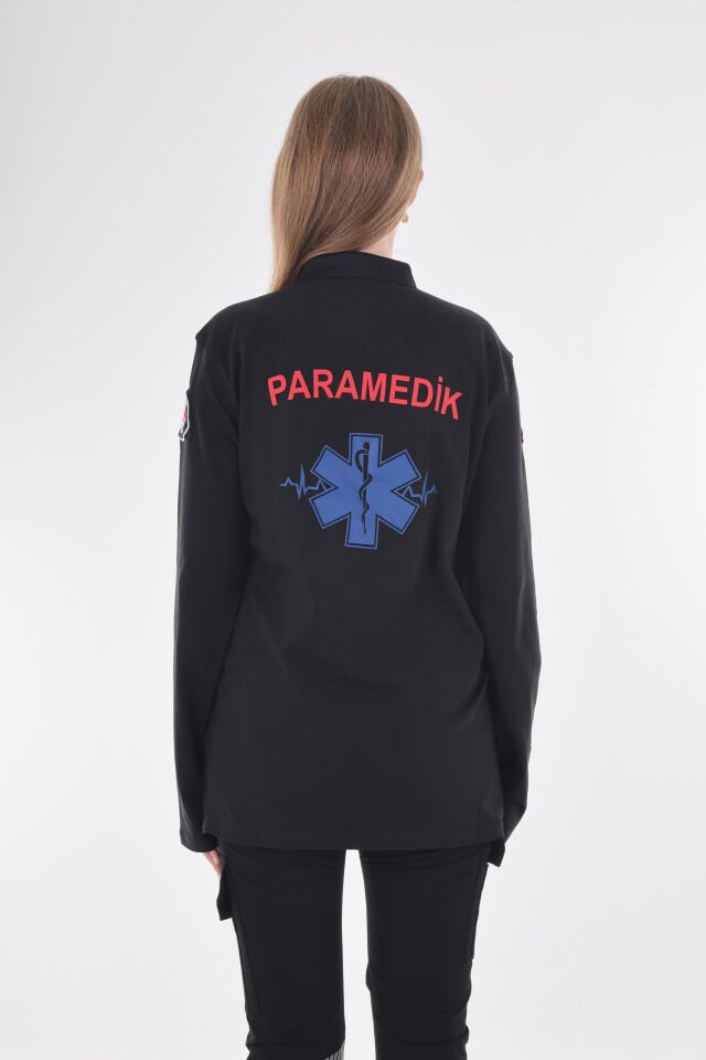 Paramedik Siyah Polo Yaka Penye Uzun Kollu T-shirt (Unisex)