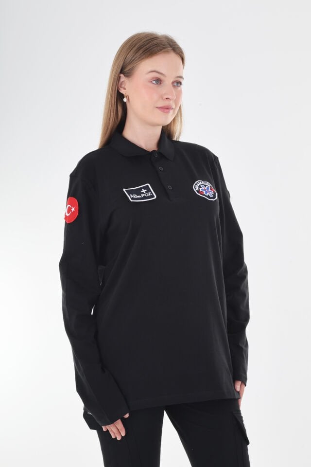 Paramedik Siyah Polo Yaka Penye Uzun Kollu T-shirt (Unisex)