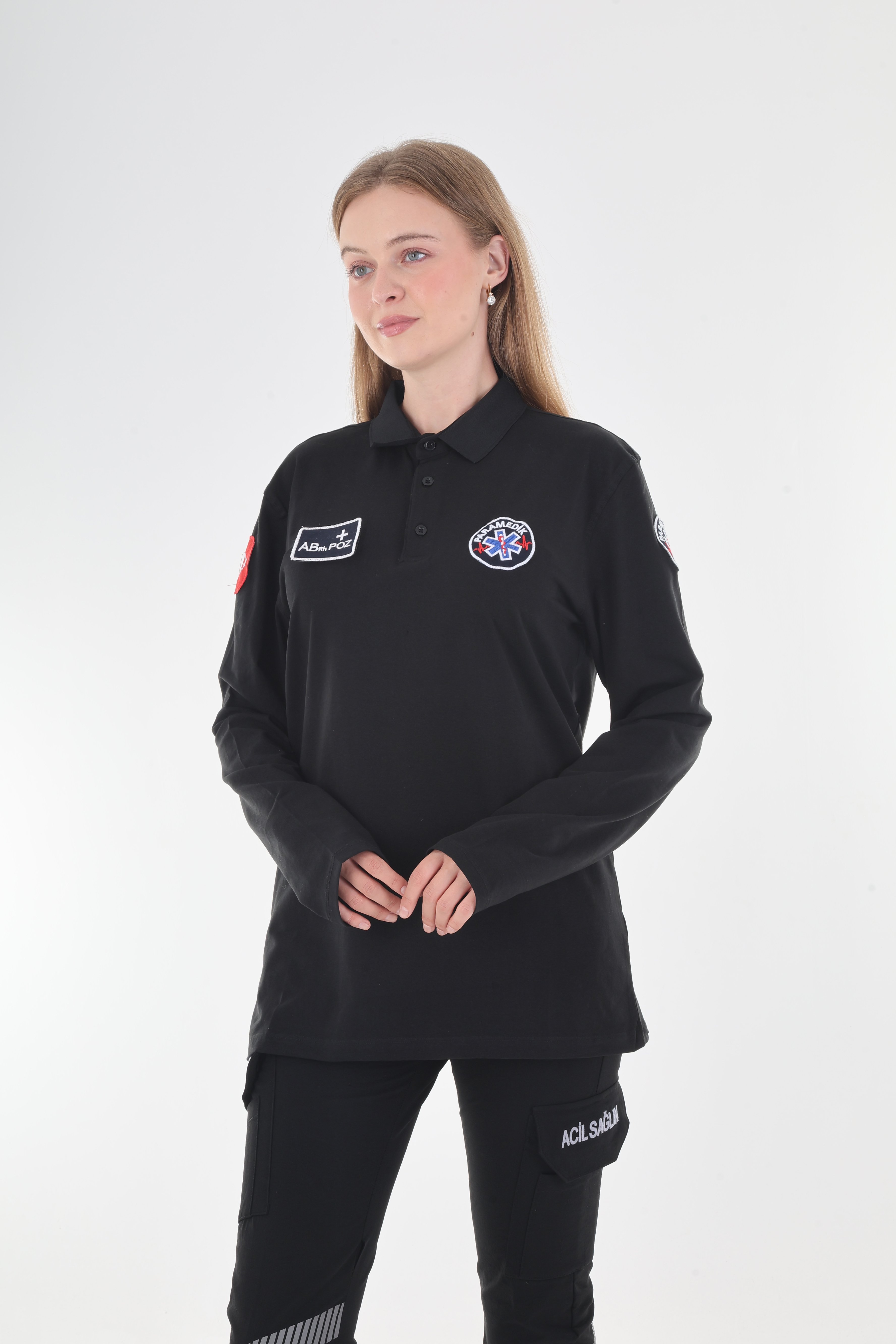 Paramedik Siyah Polo Yaka Penye Uzun Kollu T-shirt (Unisex)