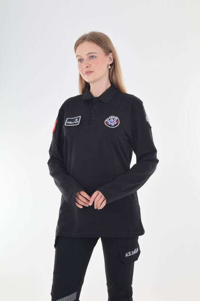 Paramedik Siyah Polo Yaka Penye Uzun Kollu T-shirt (Unisex)