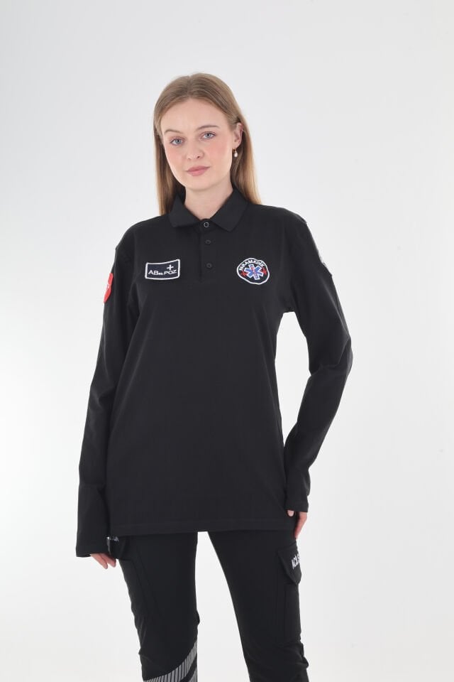 Paramedik Siyah Polo Yaka Penye Uzun Kollu T-shirt (Unisex)