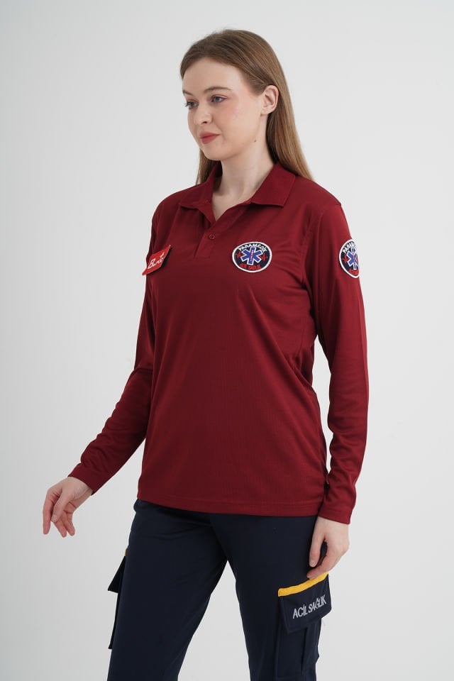 Yeni Paramedik Bordo Uzun Kollu Polo Yaka Comfort T-shirt (Unisex-Fileli)