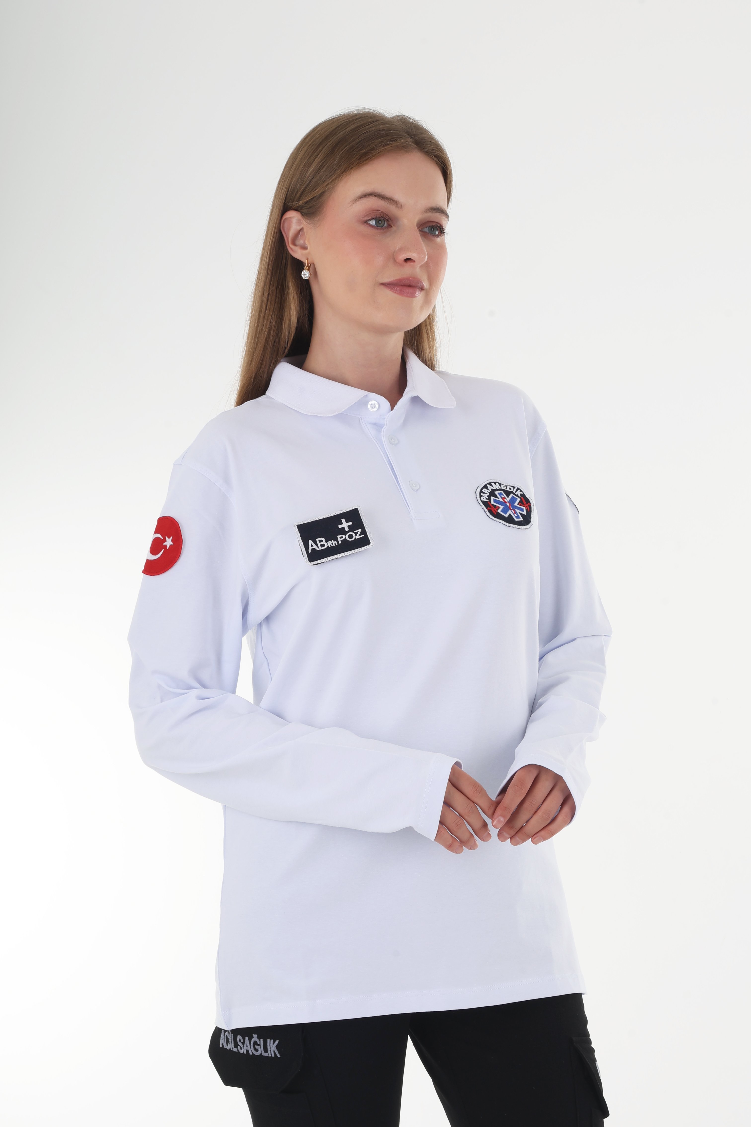 Paramedik Beyaz Polo Yaka Penye Uzun Kollu T-shirt (Unisex)