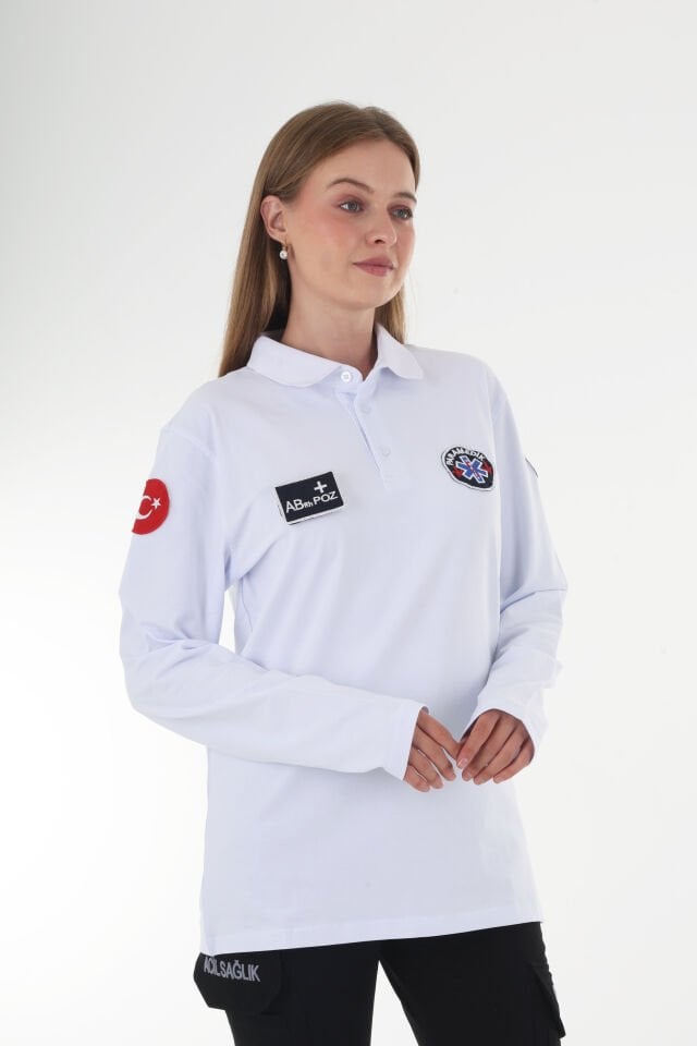 Paramedik Beyaz Polo Yaka Penye Uzun Kollu T-shirt (Unisex)