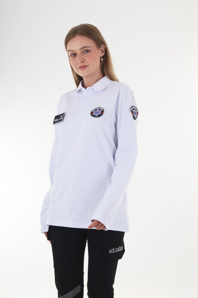 Paramedik Beyaz Polo Yaka Penye Uzun Kollu T-shirt (Unisex)