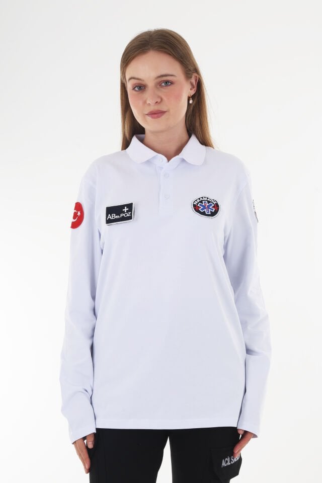 Paramedik Beyaz Polo Yaka Penye Uzun Kollu T-shirt (Unisex)