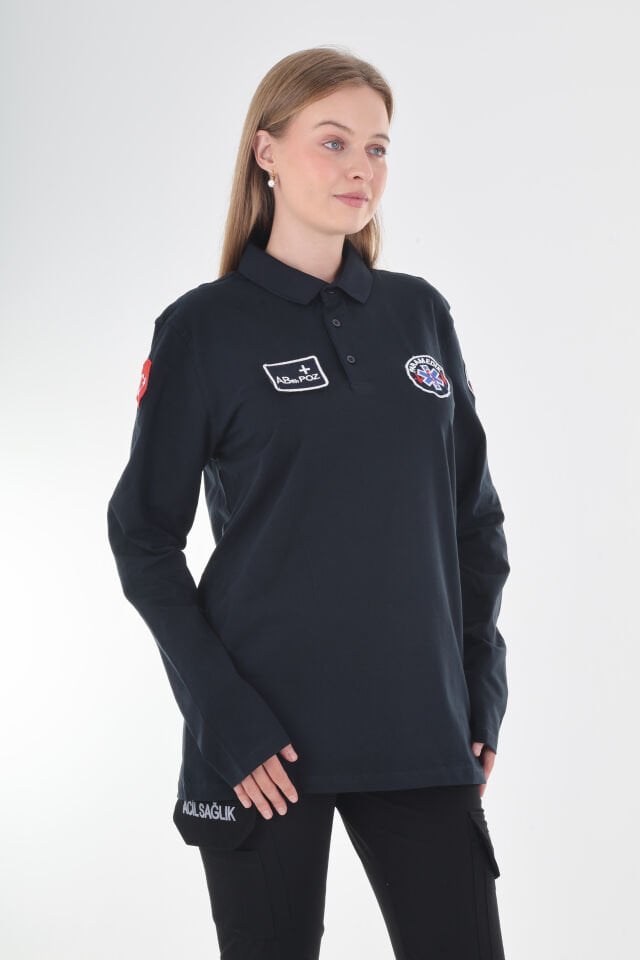 Paramedik Lacivert Penye Polo Yaka Uzun Kollu T-shirt (Unisex)